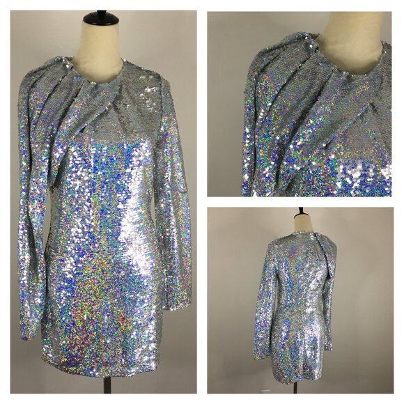 NWOT ZARA Long Sleeve Silver Sequin Embellished Shoulder Pleats Party Dress